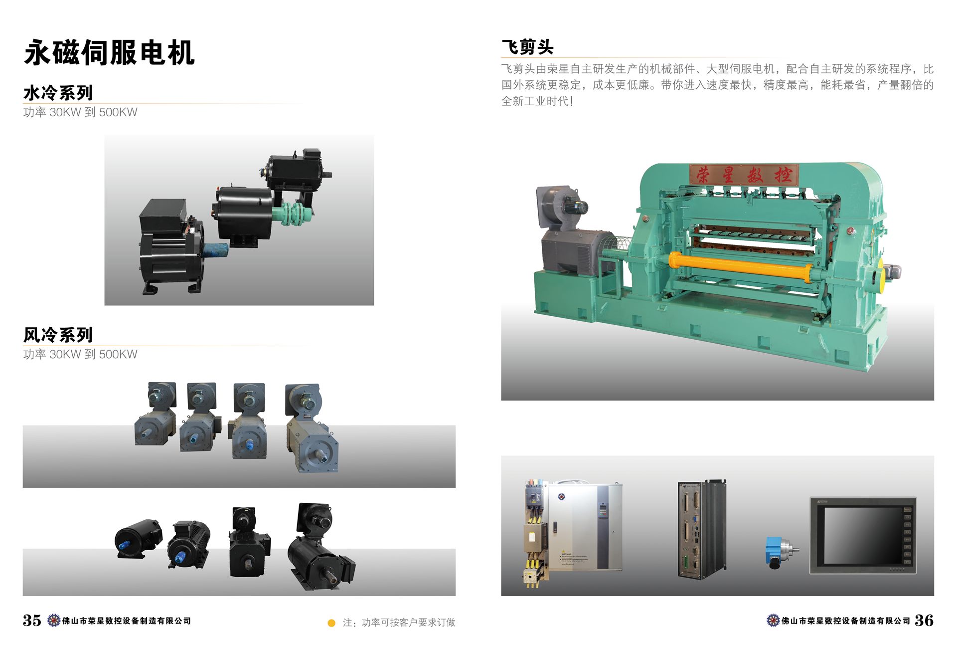 RONGXING permanent-magnet servo motor, flying-shear head and control-system brochure spread